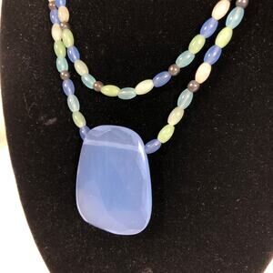 Y2K Glass Double-strand Necklace, Blue, mint glass bead, Faceted Focal